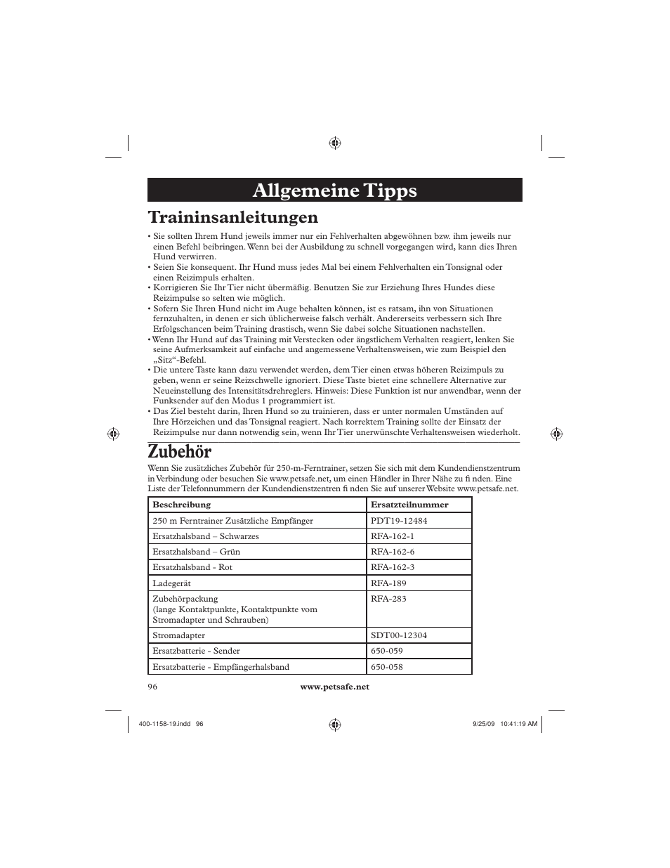 Allgemeine tipps, Zubehör, Traininsanleitungen | Petsafe 250 m Remote Trainer User Manual | Page 96 / 104