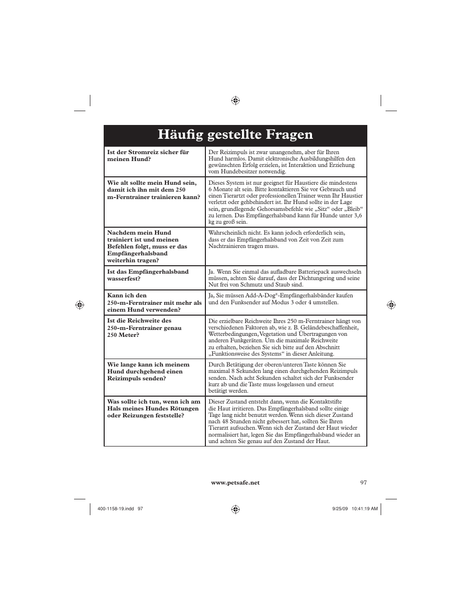 Häufi g gestellte fragen | Petsafe 250 m Remote Trainer User Manual | Page 97 / 104