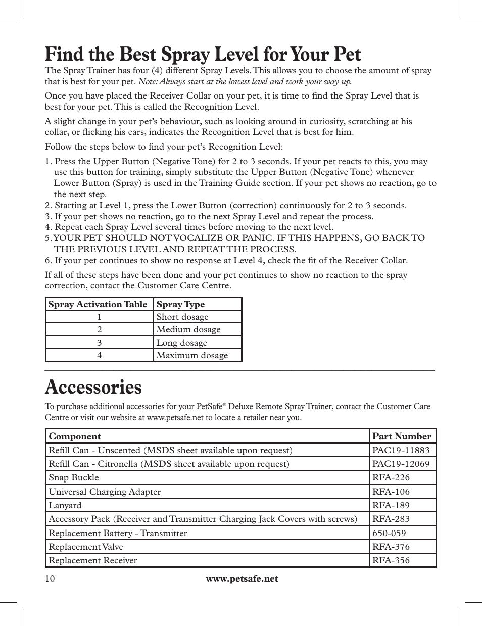 Find the best spray level for your pet, Accessories | Petsafe 275 m Deluxe Remote Spray Trainer User Manual | Page 10 / 116