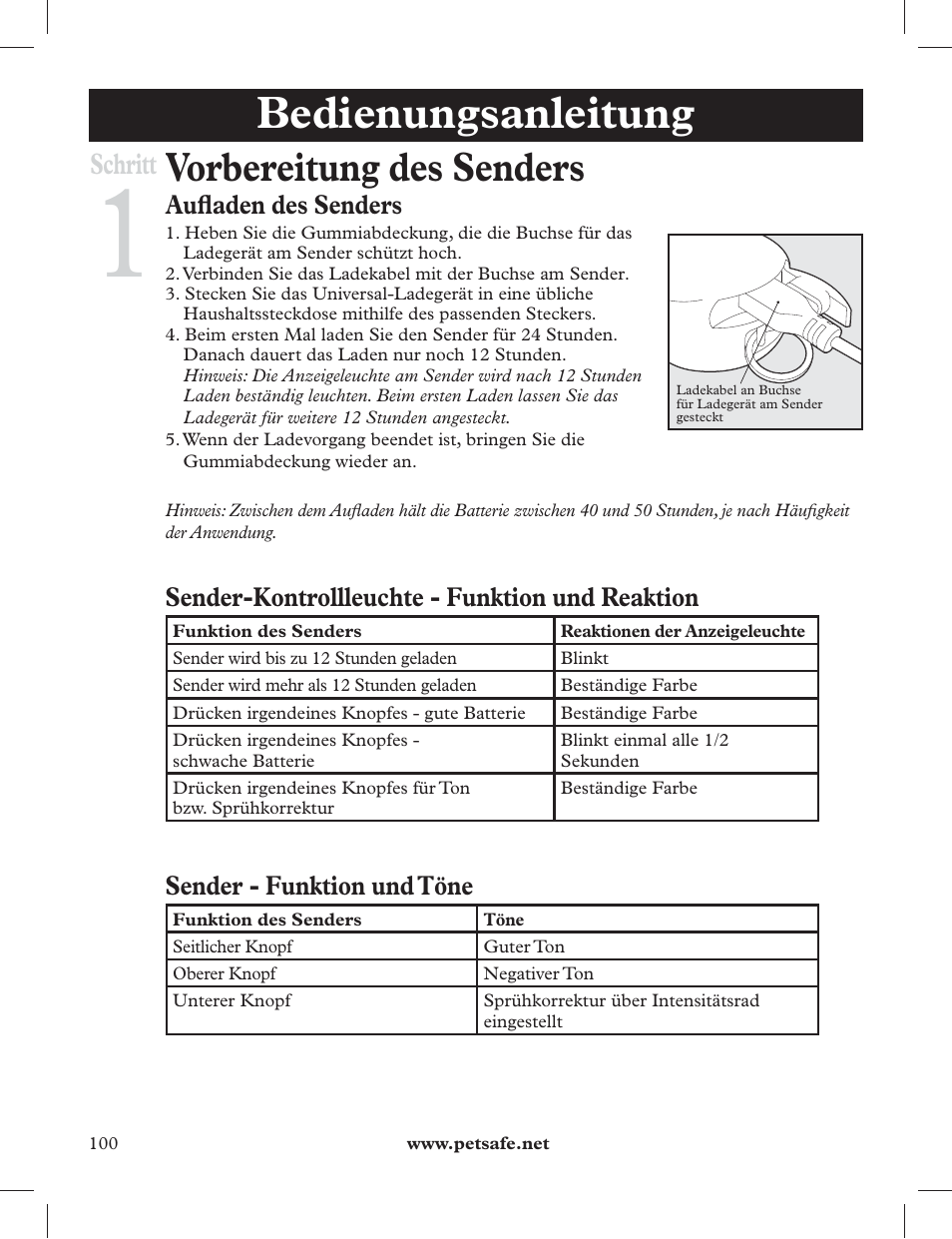 Bedienungsanleitung, Vorbereitung des senders, Schritt | Aufl aden des senders, Sender-kontrollleuchte - funktion und reaktion, Sender - funktion und töne | Petsafe 275 m Deluxe Remote Spray Trainer User Manual | Page 100 / 116