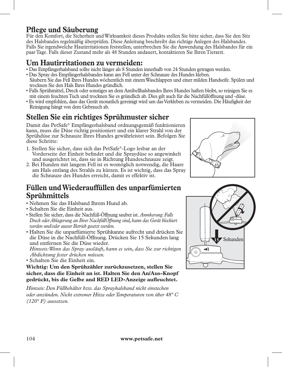 Pfl ege und säuberung, Um hautirritationen zu vermeiden, Stellen sie ein richtiges sprühmuster sicher | Petsafe 275 m Deluxe Remote Spray Trainer User Manual | Page 104 / 116