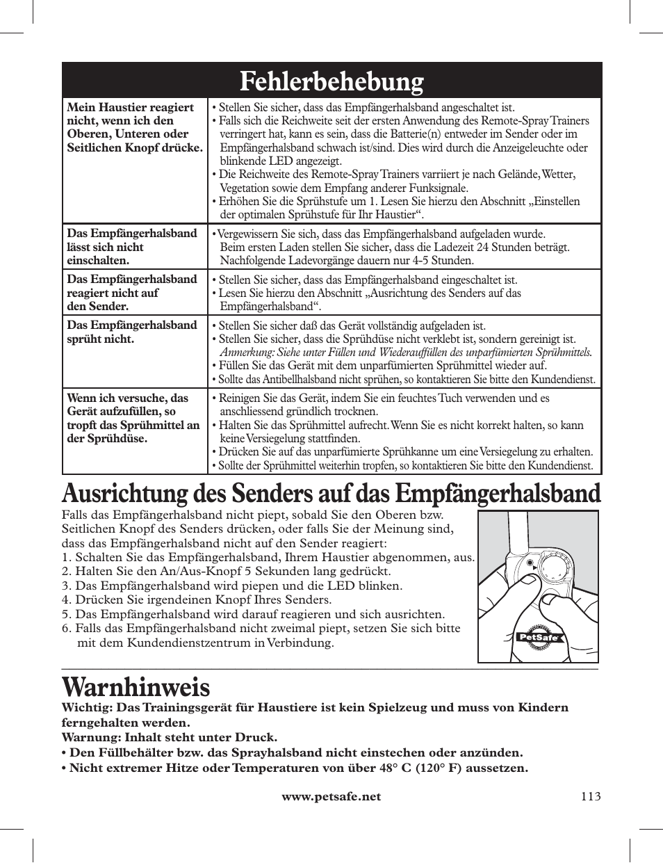 Fehlerbehebung, Ausrichtung des senders auf das empfängerhalsband, Warnhinweis | Petsafe 275 m Deluxe Remote Spray Trainer User Manual | Page 113 / 116