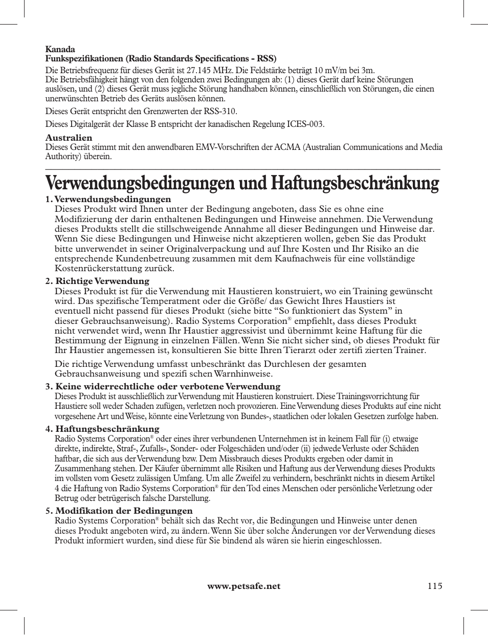 Verwendungsbedingungen und haftungsbeschränkung | Petsafe 275 m Deluxe Remote Spray Trainer User Manual | Page 115 / 116