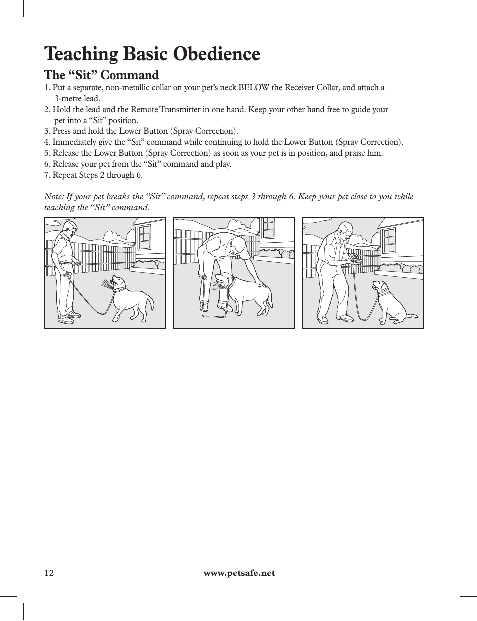 Teaching basic obedience, The “sit” command | Petsafe 275 m Deluxe Remote Spray Trainer User Manual | Page 12 / 116