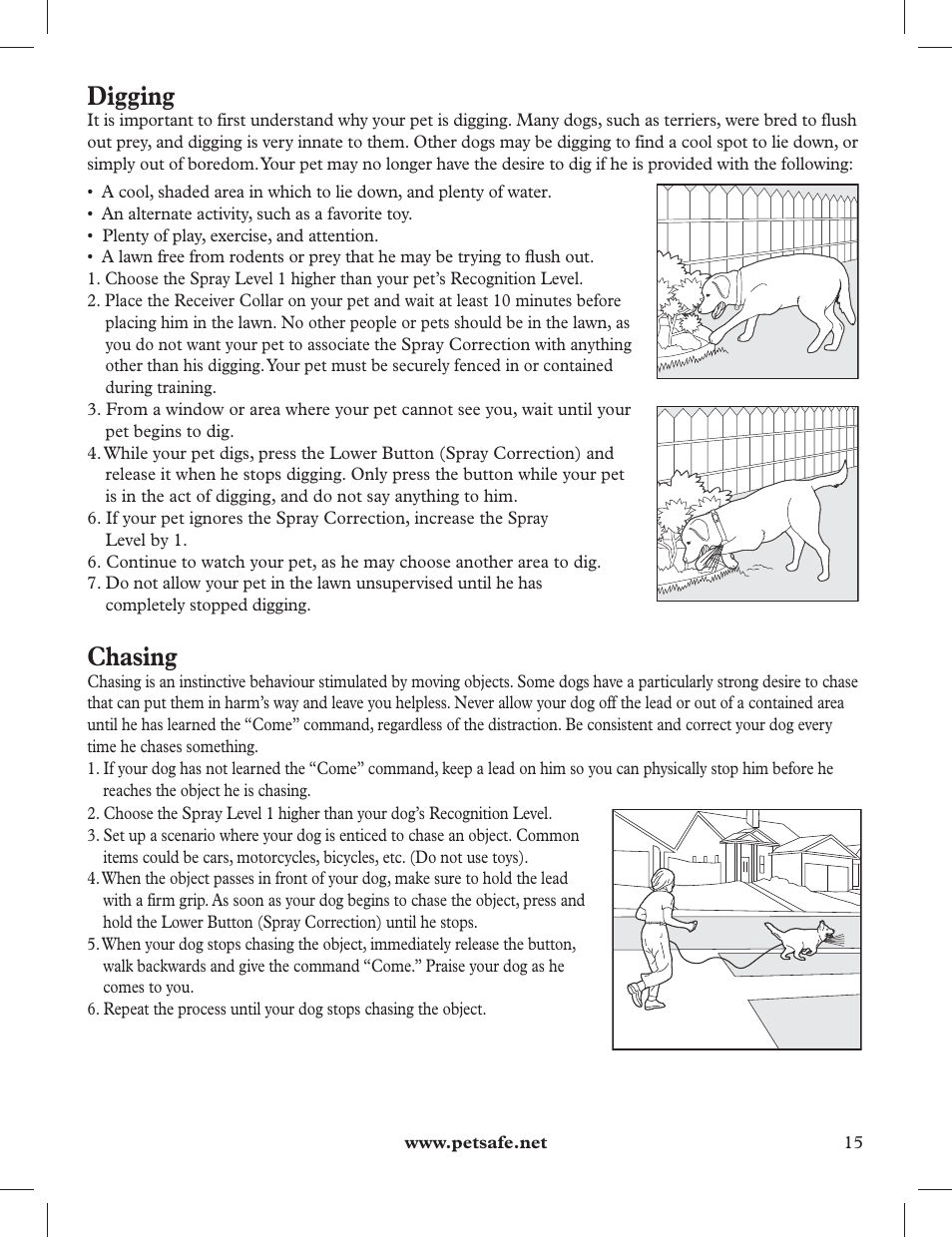 Digging, Chasing | Petsafe 275 m Deluxe Remote Spray Trainer User Manual | Page 15 / 116