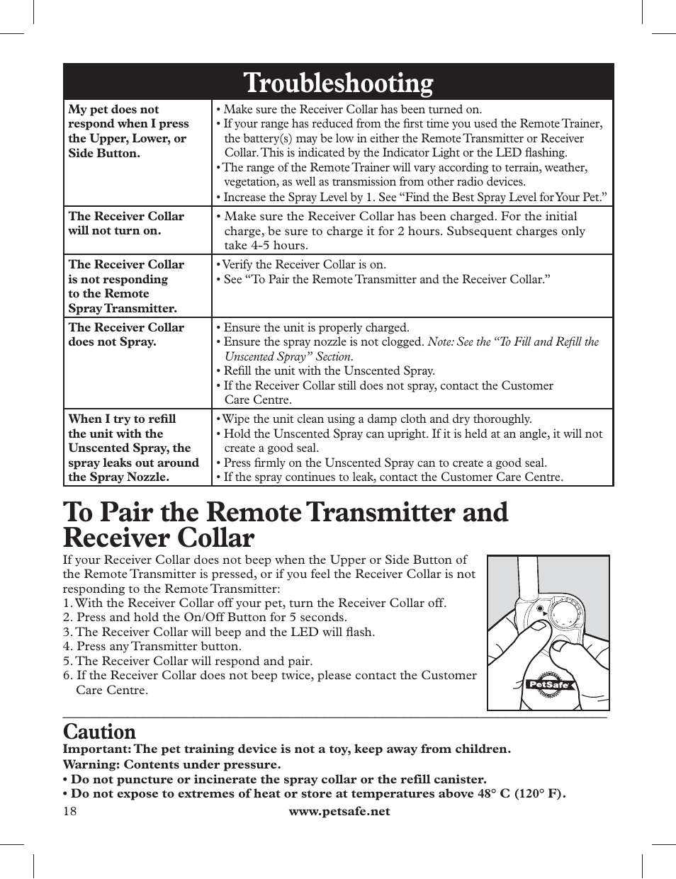 Troubleshooting, Caution | Petsafe 275 m Deluxe Remote Spray Trainer User Manual | Page 18 / 116