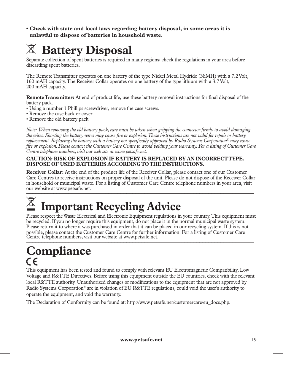 Battery disposal, Important recycling advice, Compliance | Petsafe 275 m Deluxe Remote Spray Trainer User Manual | Page 19 / 116