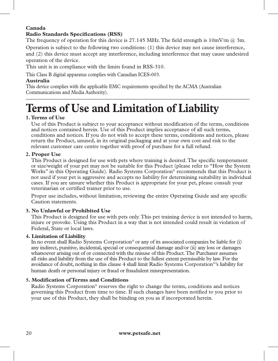 Terms of use and limitation of liability | Petsafe 275 m Deluxe Remote Spray Trainer User Manual | Page 20 / 116