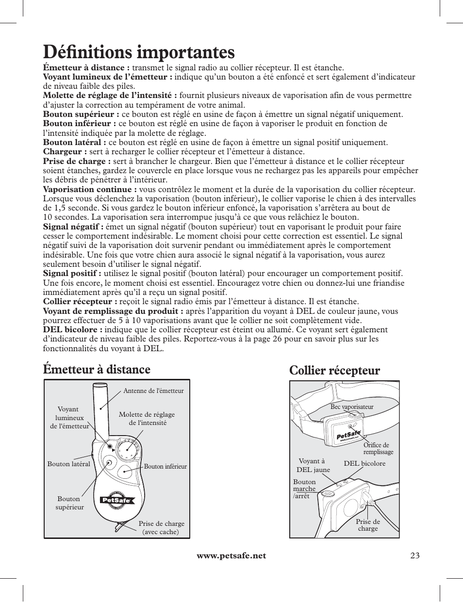 Défi nitions importantes, Émetteur à distance, Collier récepteur | Petsafe 275 m Deluxe Remote Spray Trainer User Manual | Page 23 / 116