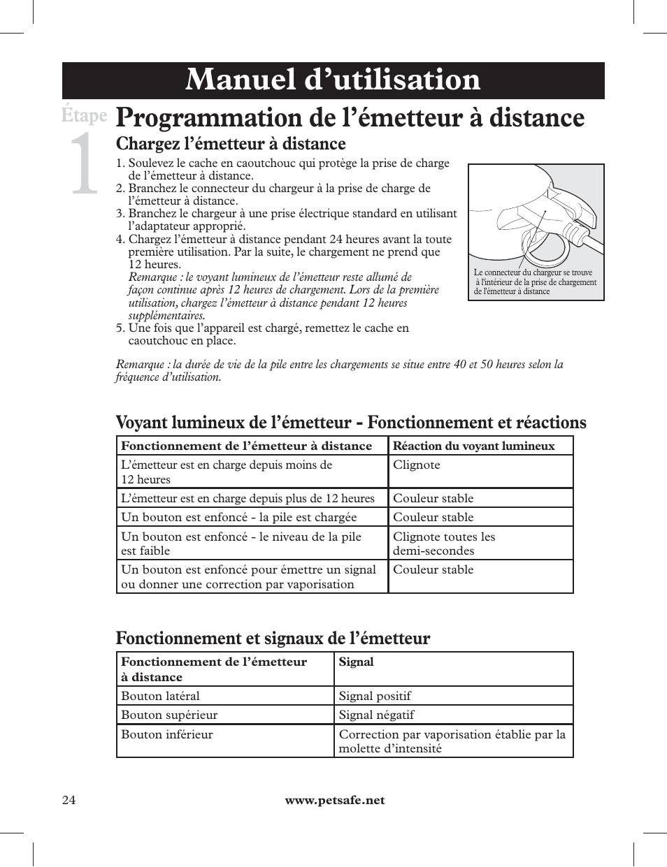 Manuel d’utilisation, Programmation de l’émetteur à distance, Étape | Chargez l’émetteur à distance, Fonctionnement et signaux de l’émetteur | Petsafe 275 m Deluxe Remote Spray Trainer User Manual | Page 24 / 116