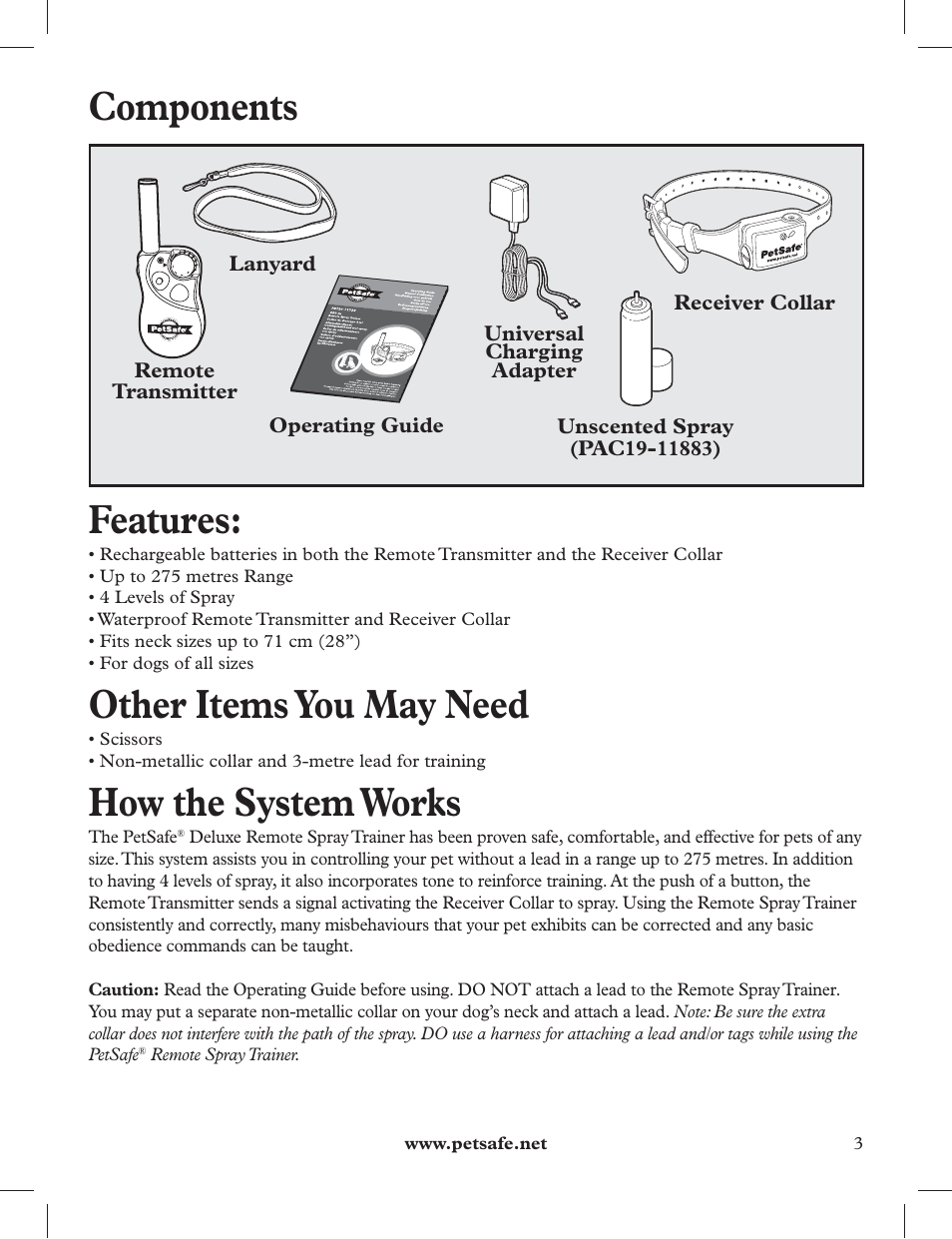 Components, Features, Other items you may need | How the system works | Petsafe 275 m Deluxe Remote Spray Trainer User Manual | Page 3 / 116