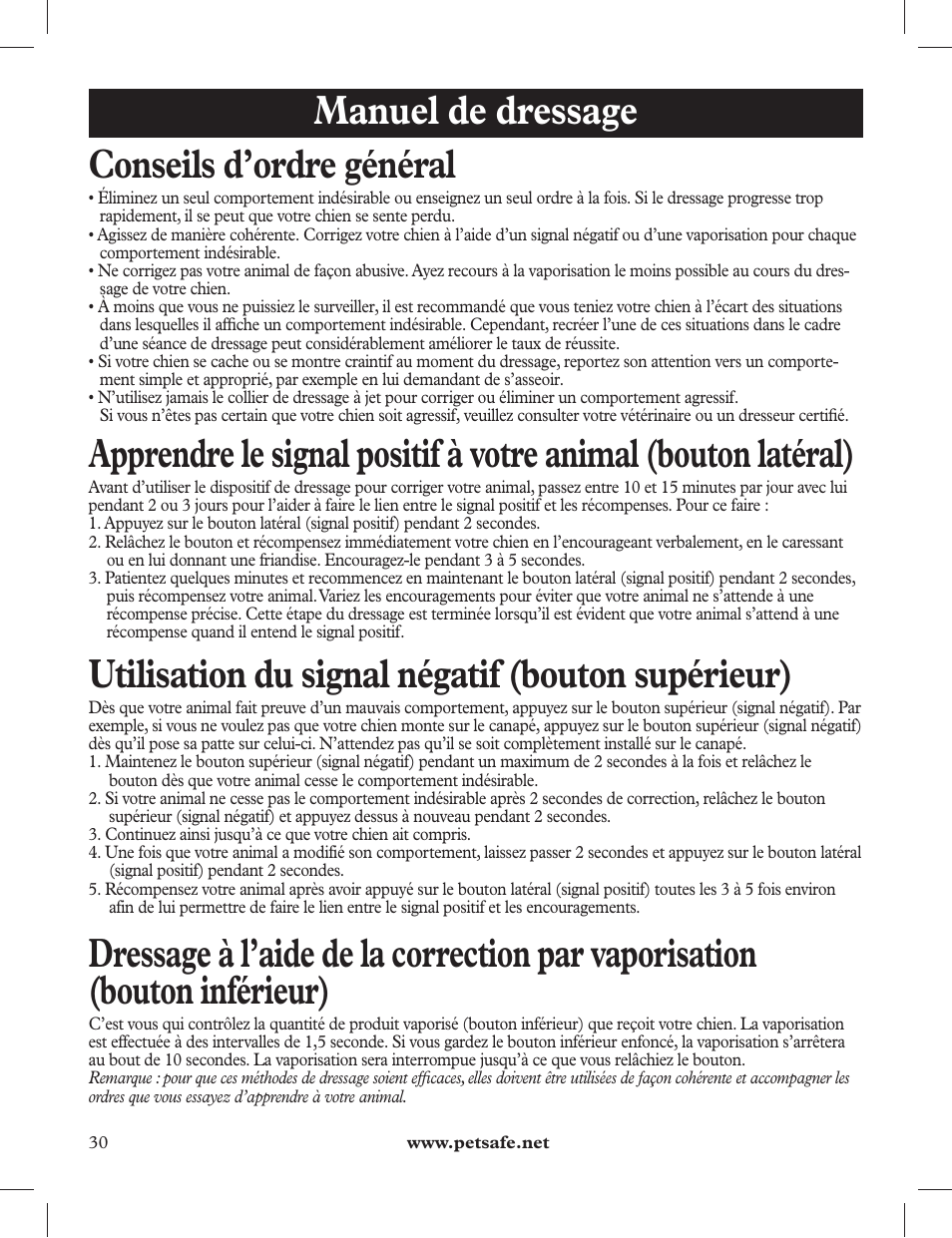 Manuel de dressage conseils d’ordre général, Utilisation du signal négatif (bouton supérieur) | Petsafe 275 m Deluxe Remote Spray Trainer User Manual | Page 30 / 116