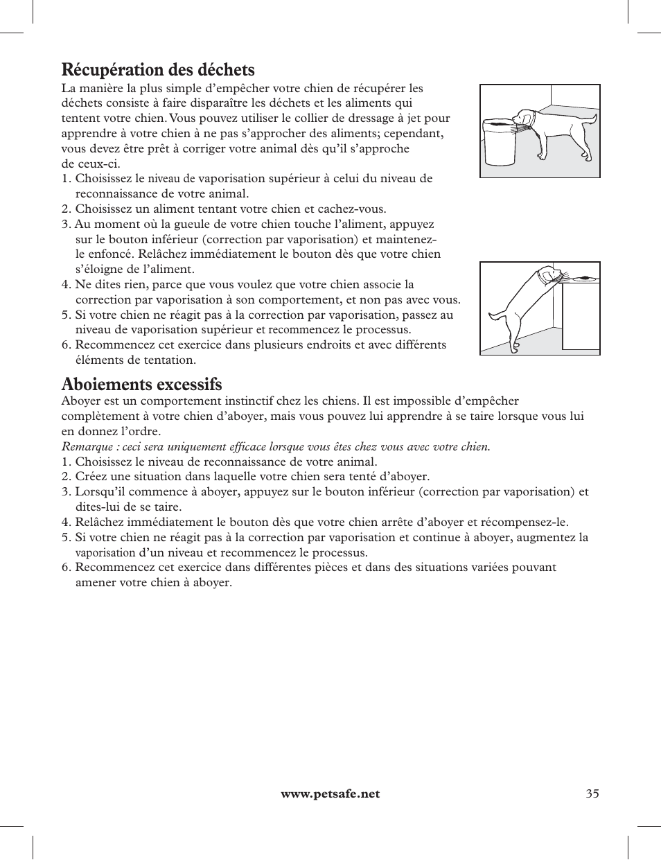 Récupération des déchets, Aboiements excessifs | Petsafe 275 m Deluxe Remote Spray Trainer User Manual | Page 35 / 116
