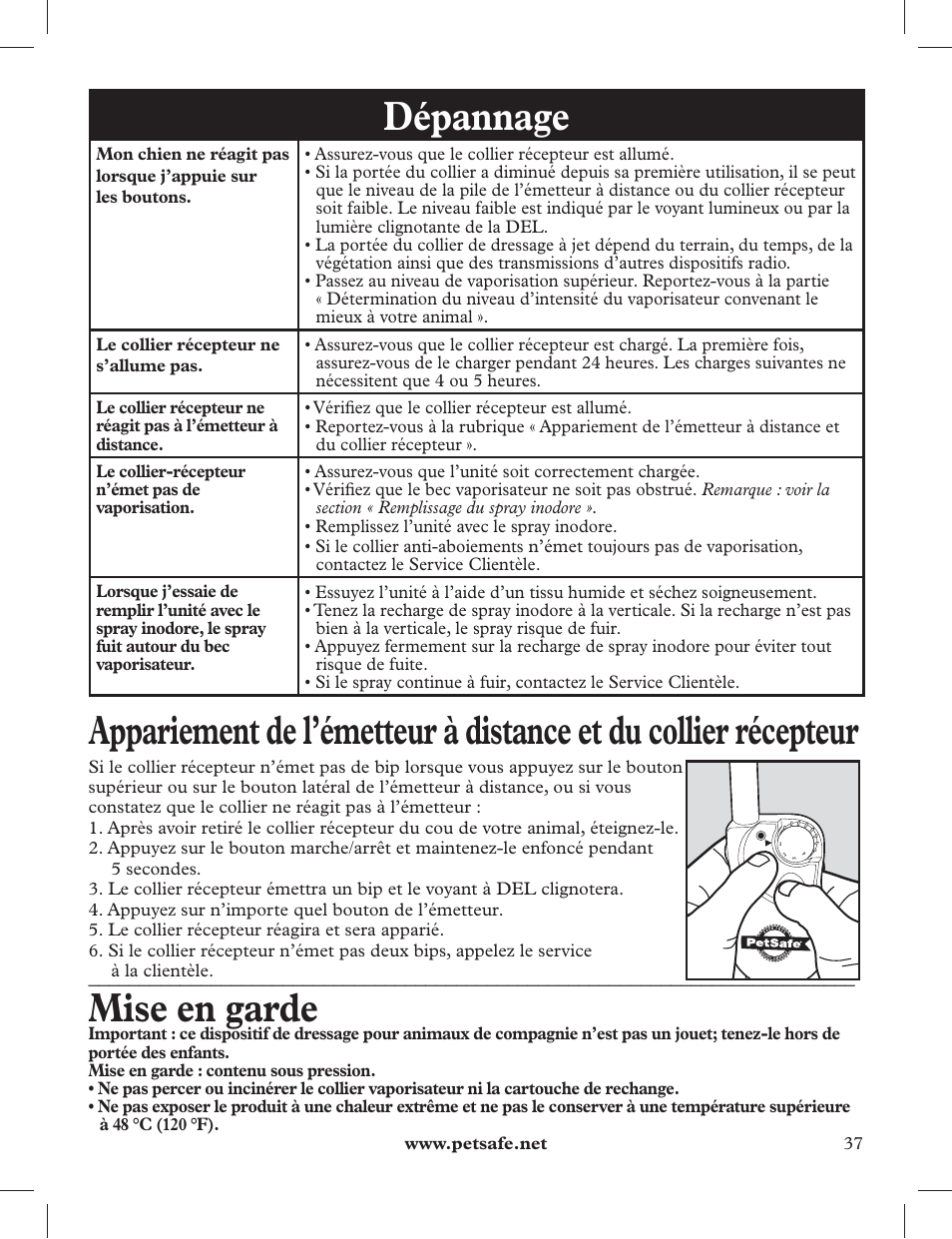 Dépannage, Mise en garde | Petsafe 275 m Deluxe Remote Spray Trainer User Manual | Page 37 / 116