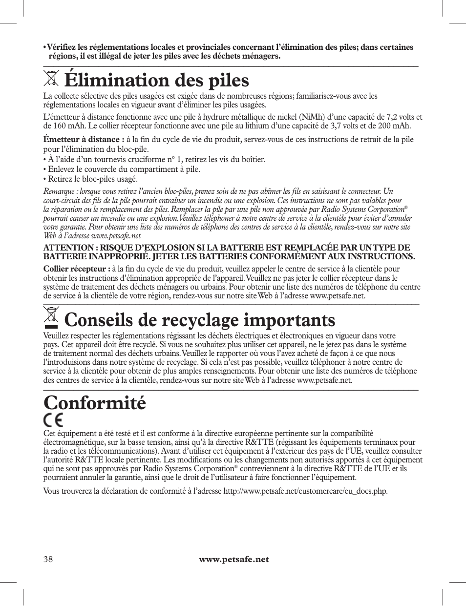 Élimination des piles, Conseils de recyclage importants, Conformité | Petsafe 275 m Deluxe Remote Spray Trainer User Manual | Page 38 / 116