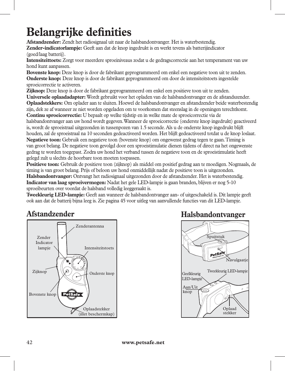 Belangrijke defi nities, Afstandzender, Halsbandontvanger | Petsafe 275 m Deluxe Remote Spray Trainer User Manual | Page 42 / 116