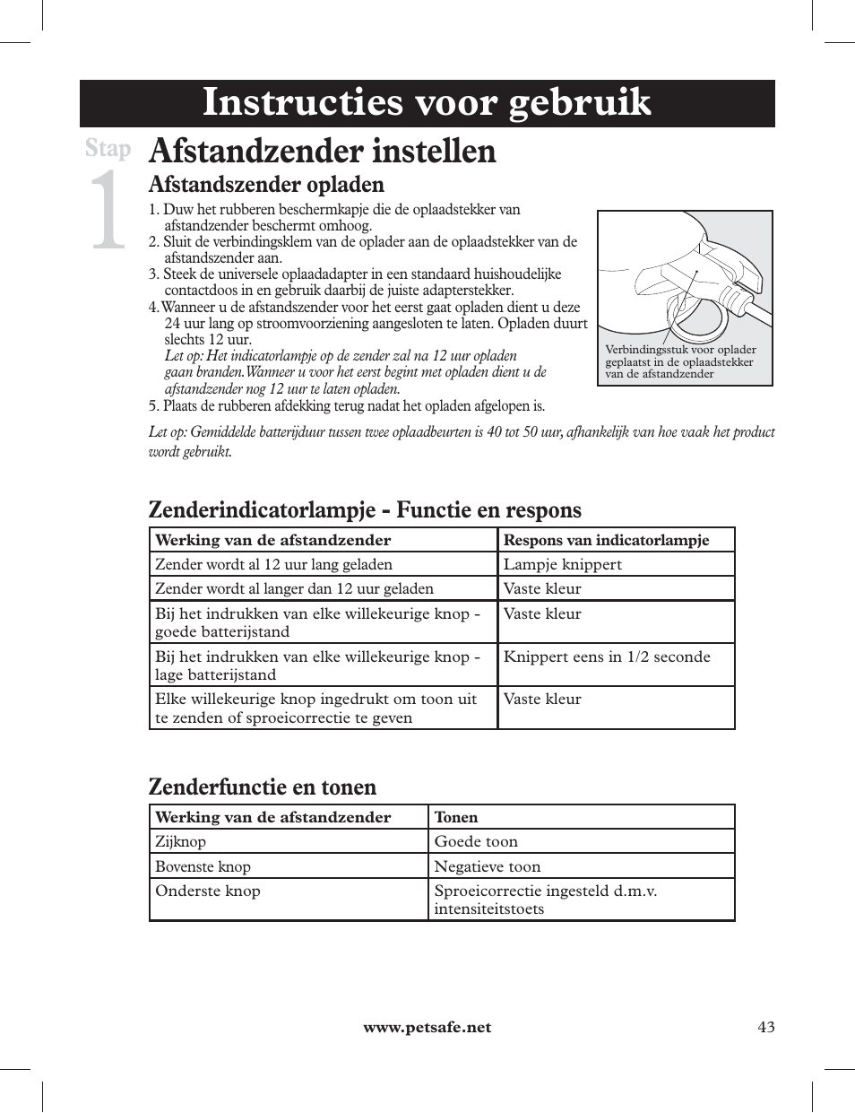 Instructies voor gebruik, Afstandzender instellen, Stap | Afstandszender opladen, Zenderindicatorlampje - functie en respons, Zenderfunctie en tonen | Petsafe 275 m Deluxe Remote Spray Trainer User Manual | Page 43 / 116