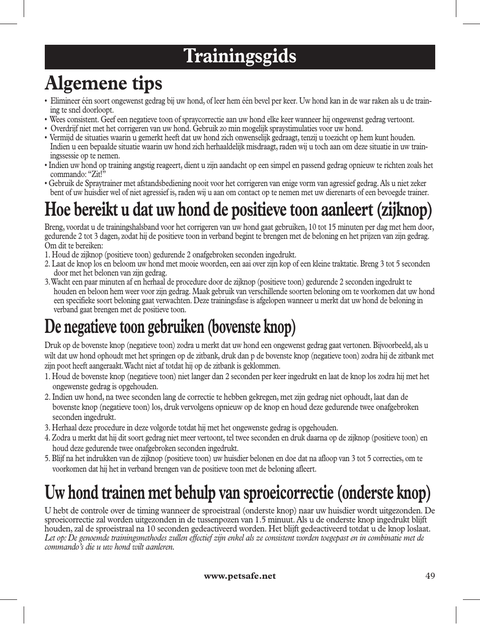 Trainingsgids algemene tips, De negatieve toon gebruiken (bovenste knop) | Petsafe 275 m Deluxe Remote Spray Trainer User Manual | Page 49 / 116