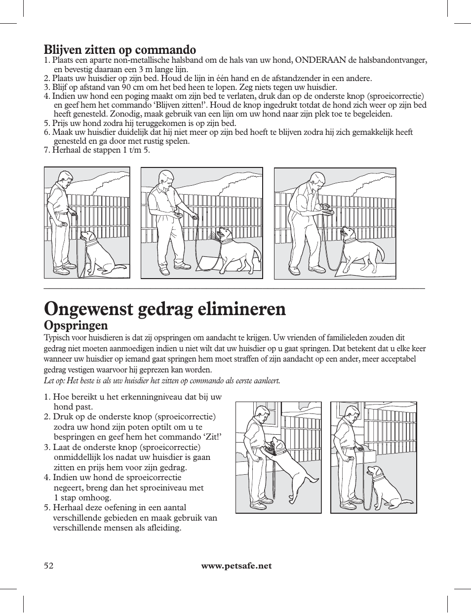 Ongewenst gedrag elimineren, Blijven zitten op commando, Opspringen | Petsafe 275 m Deluxe Remote Spray Trainer User Manual | Page 52 / 116