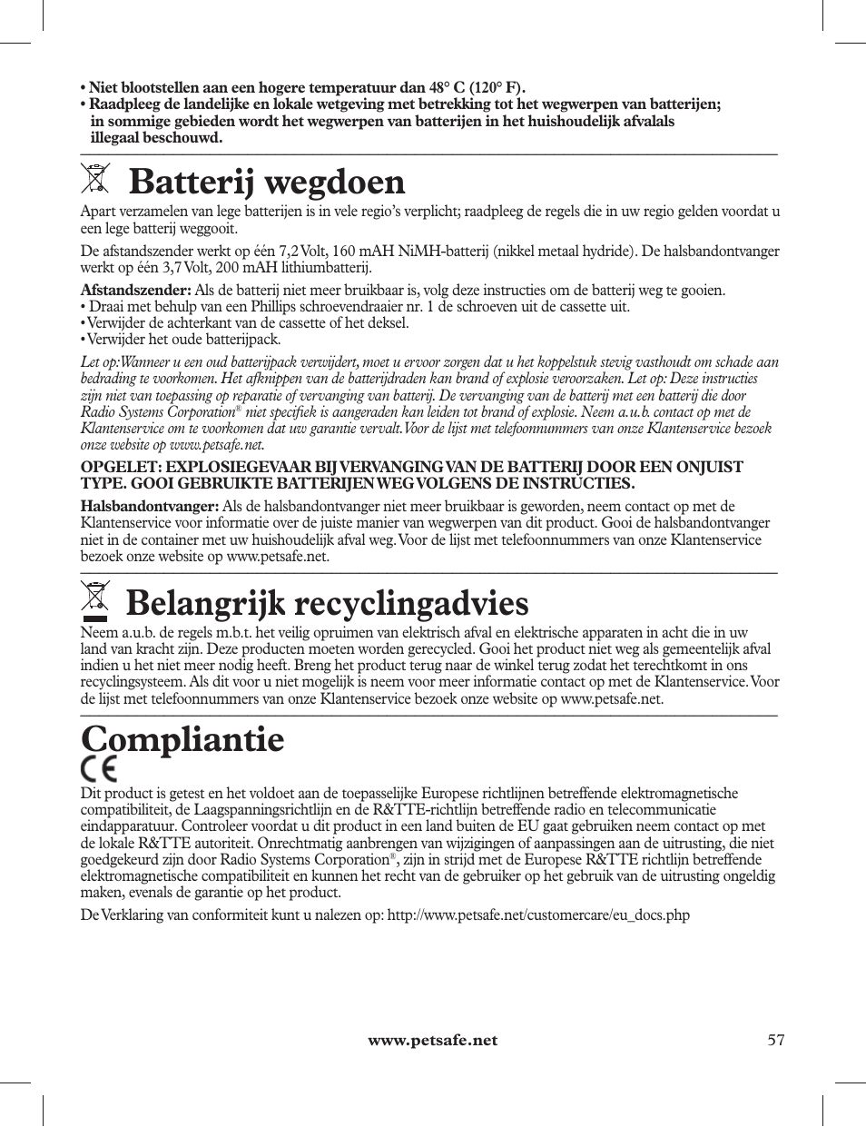 Batterij wegdoen, Belangrijk recyclingadvies, Compliantie | Petsafe 275 m Deluxe Remote Spray Trainer User Manual | Page 57 / 116