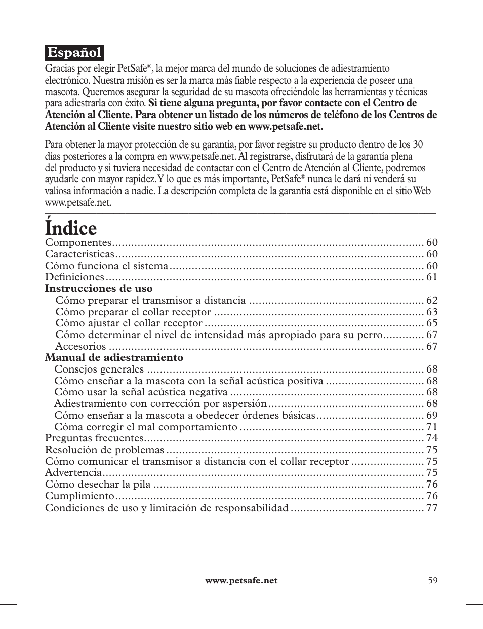 Índice | Petsafe 275 m Deluxe Remote Spray Trainer User Manual | Page 59 / 116