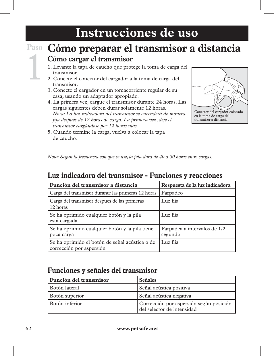 Instrucciones de uso, Cómo preparar el transmisor a distancia, Paso | Cómo cargar el transmisor, Funciones y señales del transmisor | Petsafe 275 m Deluxe Remote Spray Trainer User Manual | Page 62 / 116