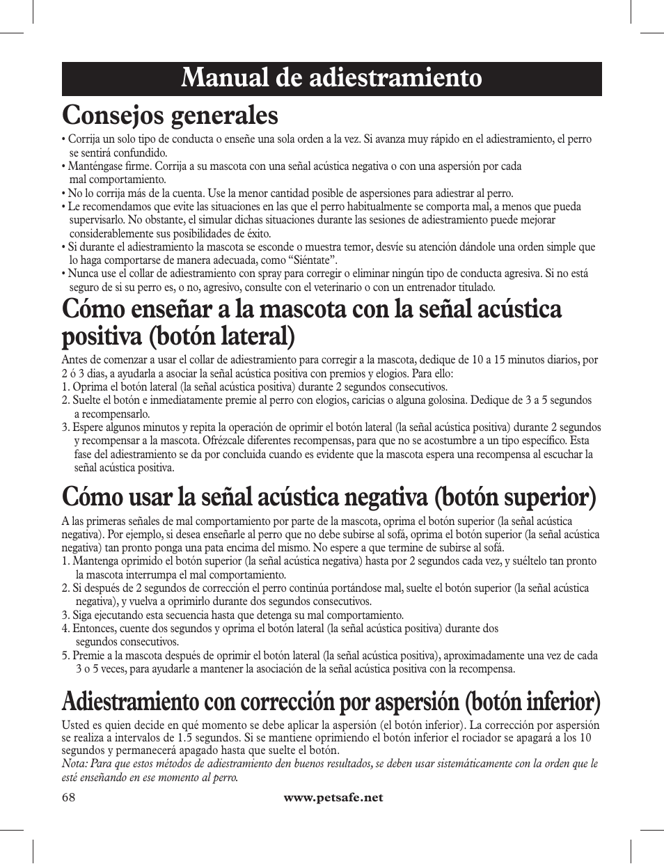 Manual de adiestramiento consejos generales | Petsafe 275 m Deluxe Remote Spray Trainer User Manual | Page 68 / 116