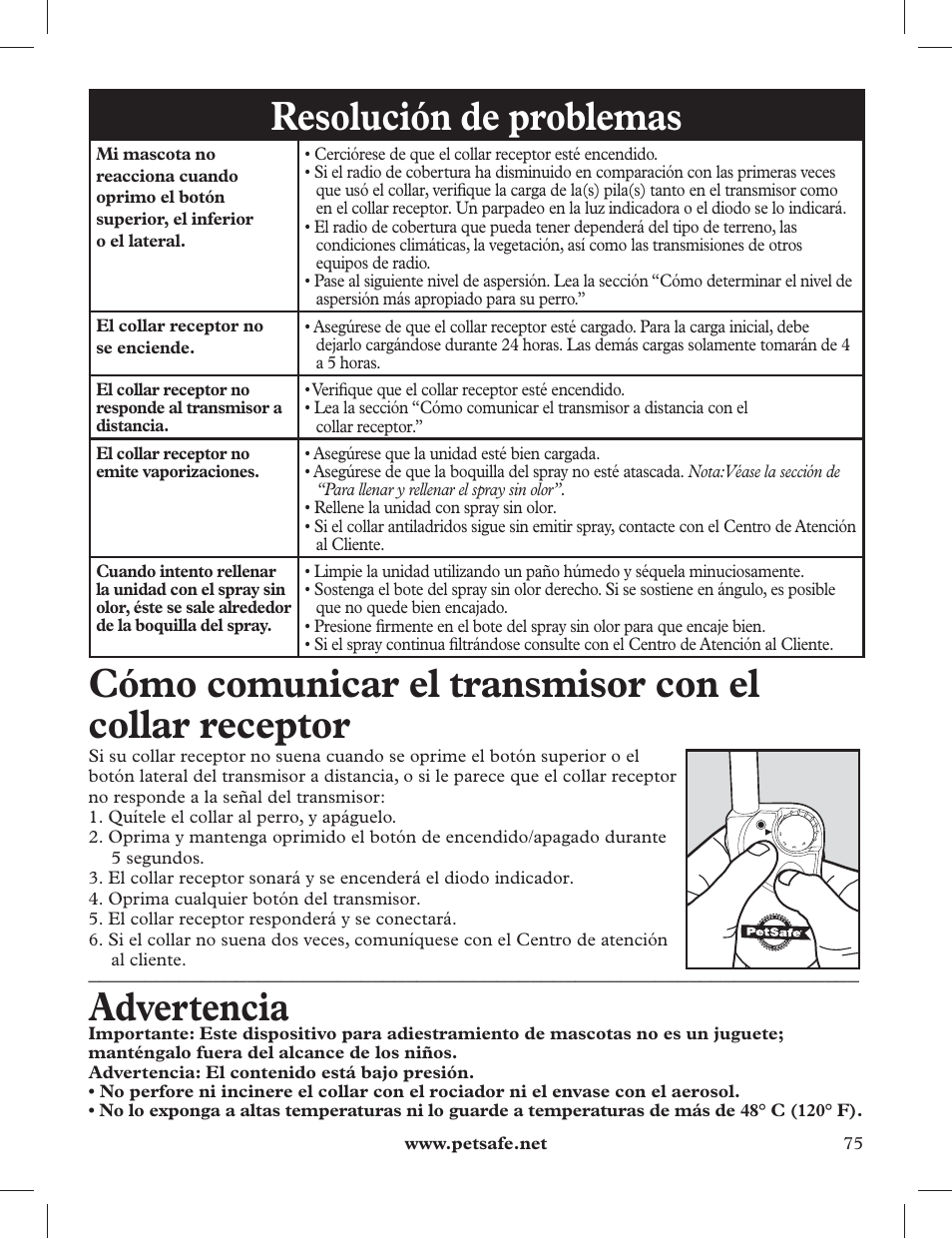 Resolución de problemas, Advertencia | Petsafe 275 m Deluxe Remote Spray Trainer User Manual | Page 75 / 116