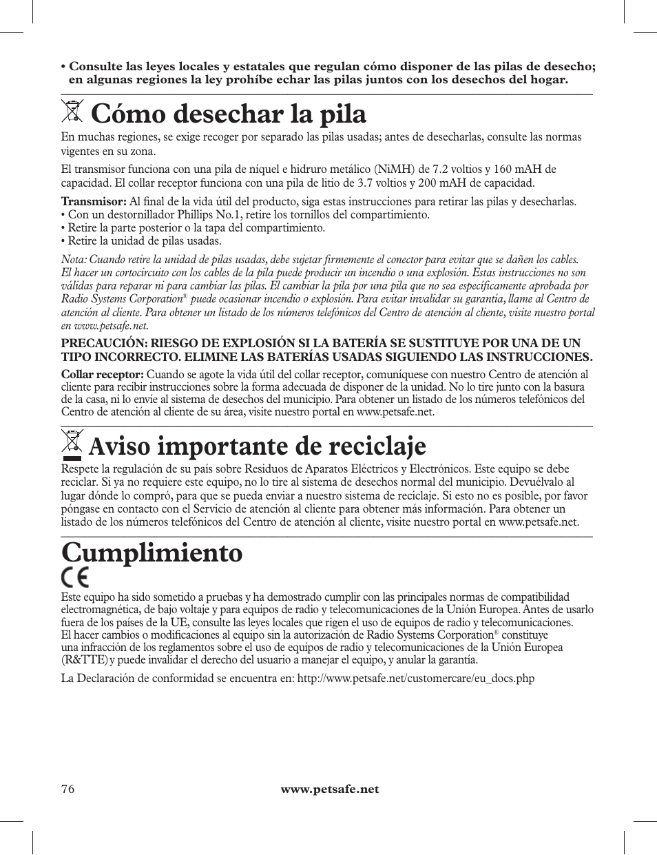 Cómo desechar la pila, Viso importante de reciclaje, Cumplimiento | Petsafe 275 m Deluxe Remote Spray Trainer User Manual | Page 76 / 116