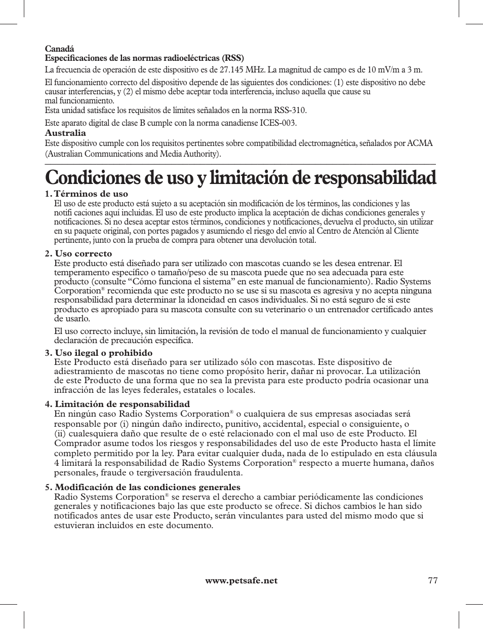 Condiciones de uso y limitación de responsabilidad | Petsafe 275 m Deluxe Remote Spray Trainer User Manual | Page 77 / 116