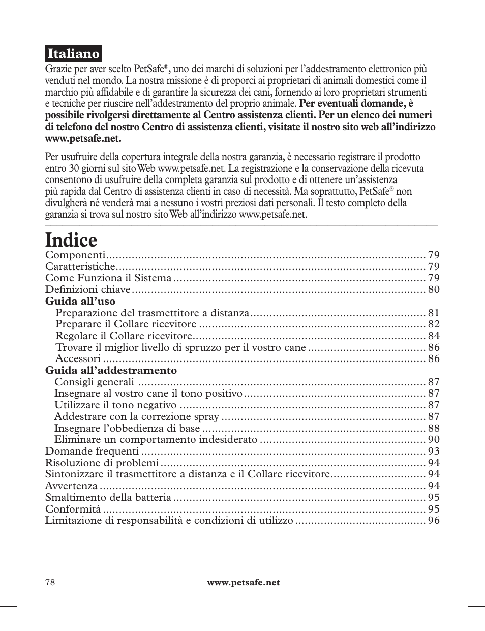 Indice | Petsafe 275 m Deluxe Remote Spray Trainer User Manual | Page 78 / 116