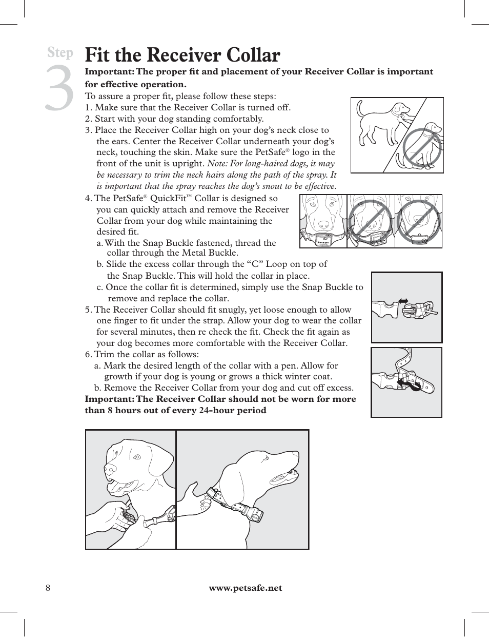 Fit the receiver collar, Step | Petsafe 275 m Deluxe Remote Spray Trainer User Manual | Page 8 / 116