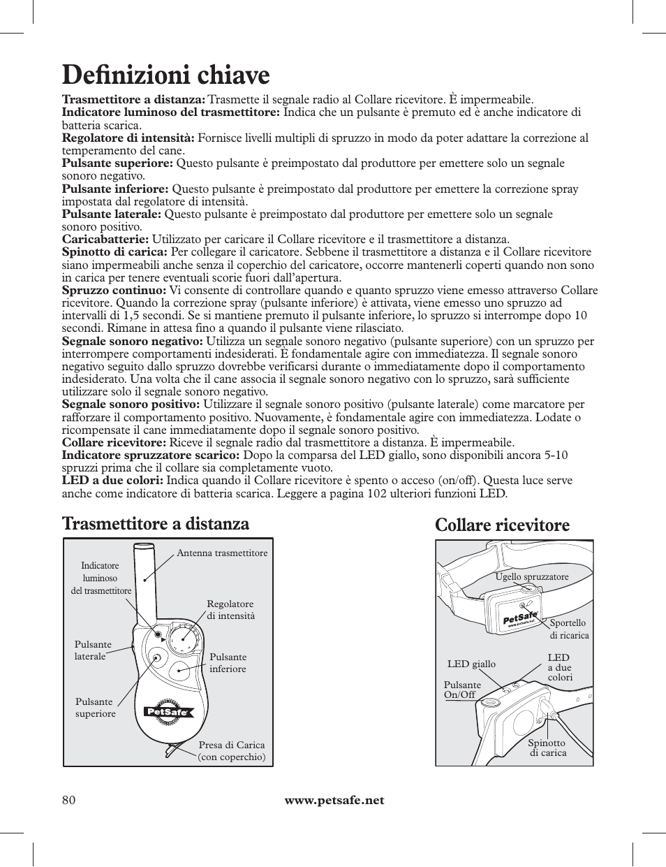 Defi nizioni chiave, Trasmettitore a distanza, Collare ricevitore | Petsafe 275 m Deluxe Remote Spray Trainer User Manual | Page 80 / 116