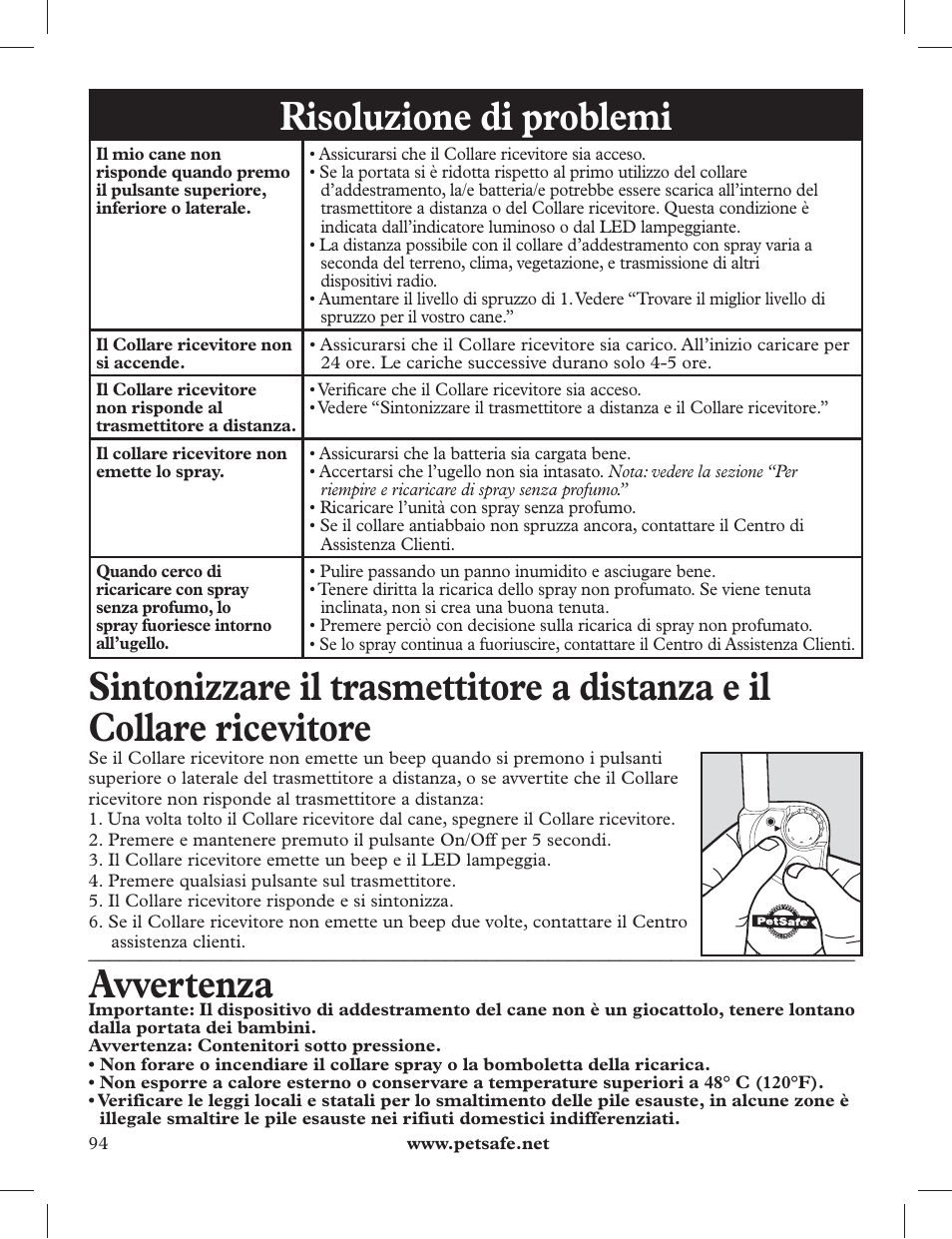 Risoluzione di problemi, Avvertenza | Petsafe 275 m Deluxe Remote Spray Trainer User Manual | Page 94 / 116
