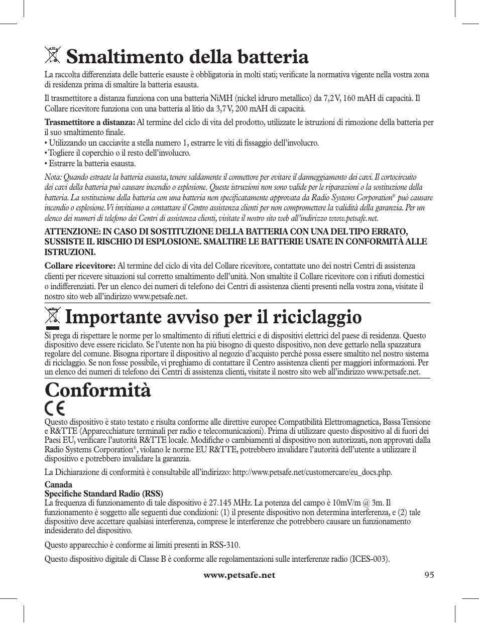 Smaltimento della batteria, Importante avviso per il riciclaggio, Conformità | Petsafe 275 m Deluxe Remote Spray Trainer User Manual | Page 95 / 116