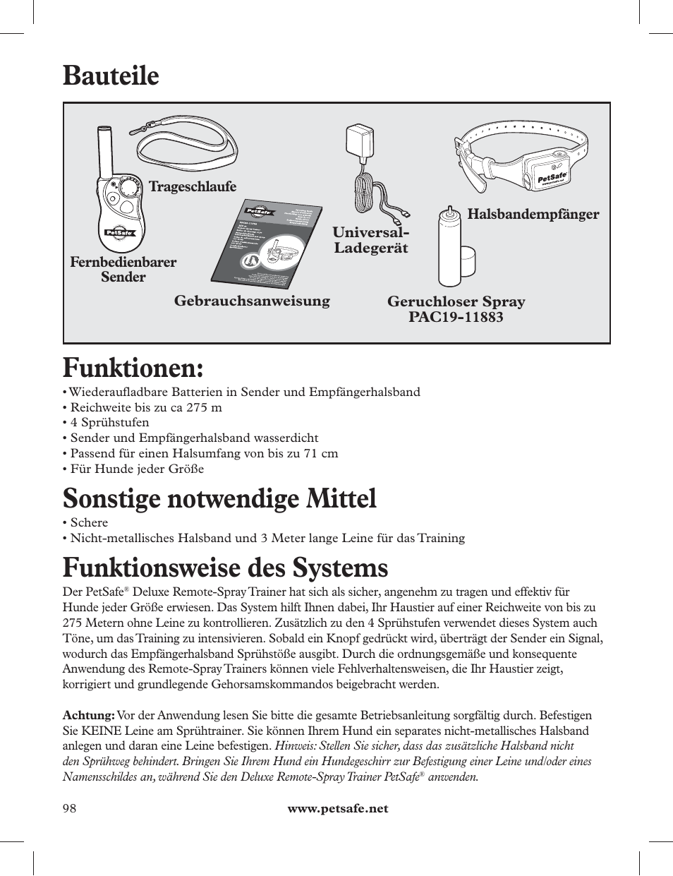 Bauteile, Funktionen, Sonstige notwendige mittel | Funktionsweise des systems | Petsafe 275 m Deluxe Remote Spray Trainer User Manual | Page 98 / 116