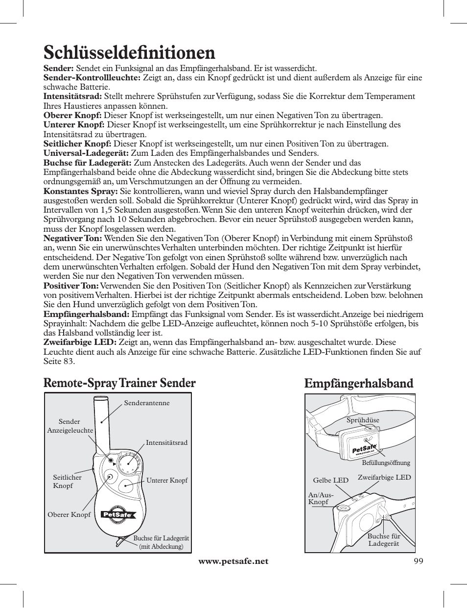 Schlüsseldefi nitionen, Remote-spray trainer sender, Empfängerhalsband | Petsafe 275 m Deluxe Remote Spray Trainer User Manual | Page 99 / 116