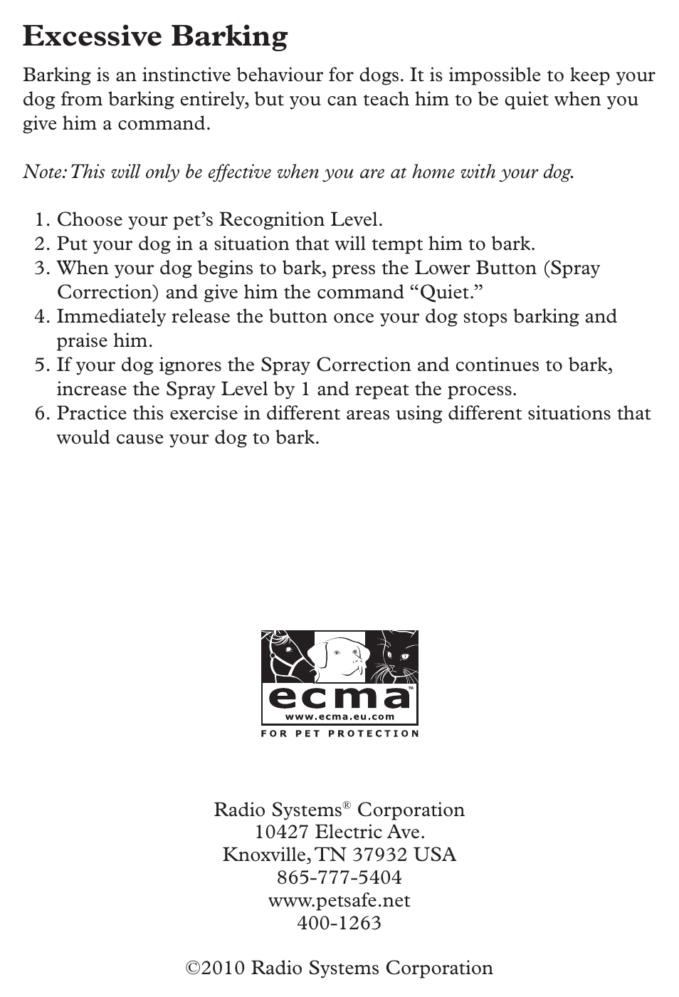 Excessive barking | Petsafe SPT-85 Spray Commander™, 85 m Basic Remote Spray Trainer User Manual | Page 12 / 12