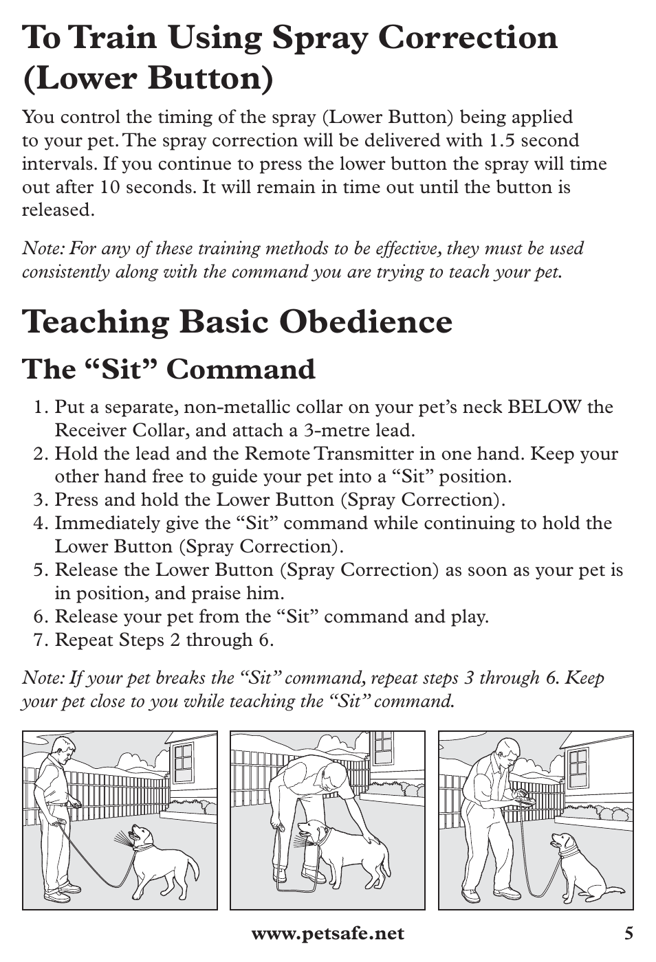 Teaching basic obedience, The “sit” command | Petsafe SPT-85 Spray Commander™, 85 m Basic Remote Spray Trainer User Manual | Page 5 / 12