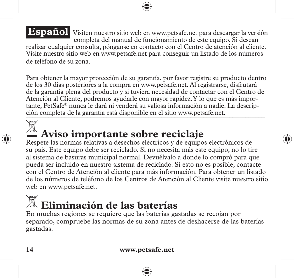 Aviso importante sobre reciclaje, Eliminación de las baterías | Petsafe 350 m Add-A-Dog® Extra Receiver Collar User Manual | Page 14 / 32