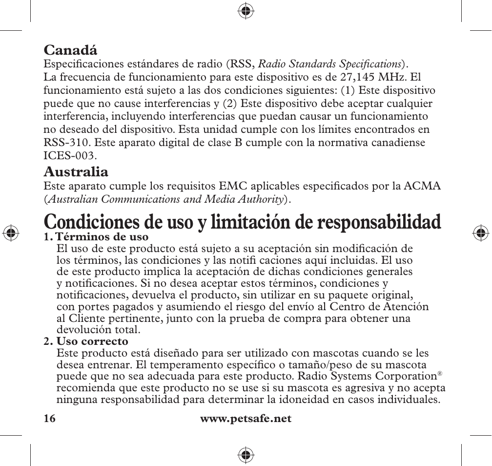 Condiciones de uso y limitación de responsabilidad, Canadá, Australia | Petsafe 350 m Add-A-Dog® Extra Receiver Collar User Manual | Page 16 / 32