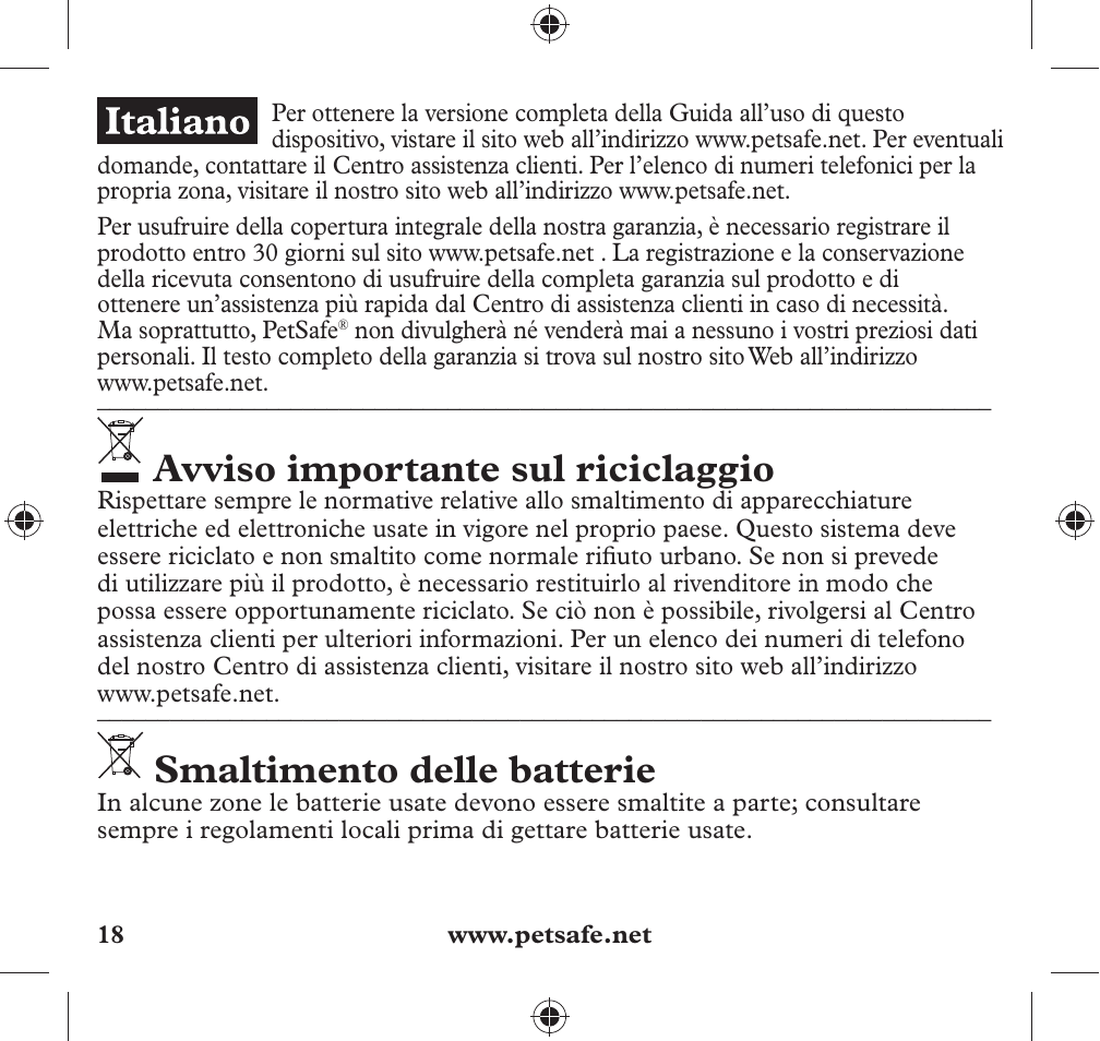 Avviso importante sul riciclaggio, Smaltimento delle batterie | Petsafe 350 m Add-A-Dog® Extra Receiver Collar User Manual | Page 18 / 32