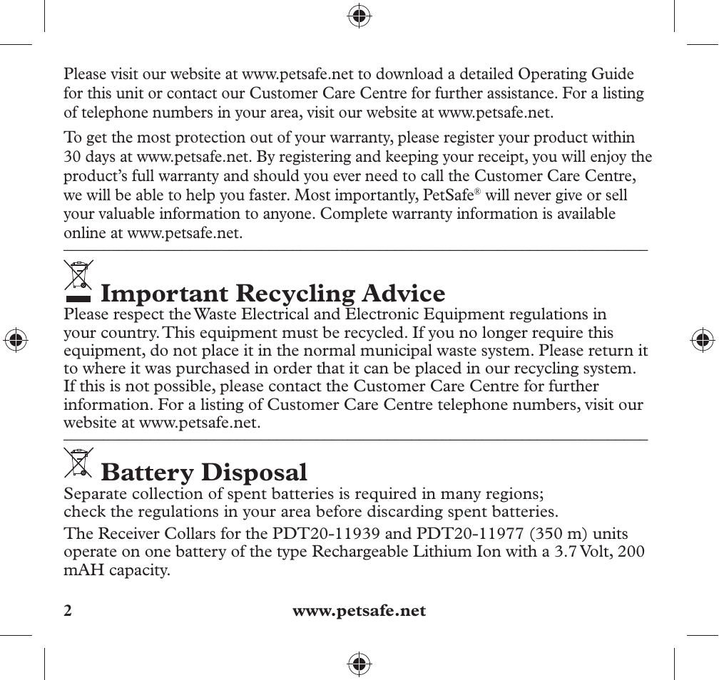Important recycling advice, Battery disposal | Petsafe 350 m Add-A-Dog® Extra Receiver Collar User Manual | Page 2 / 32
