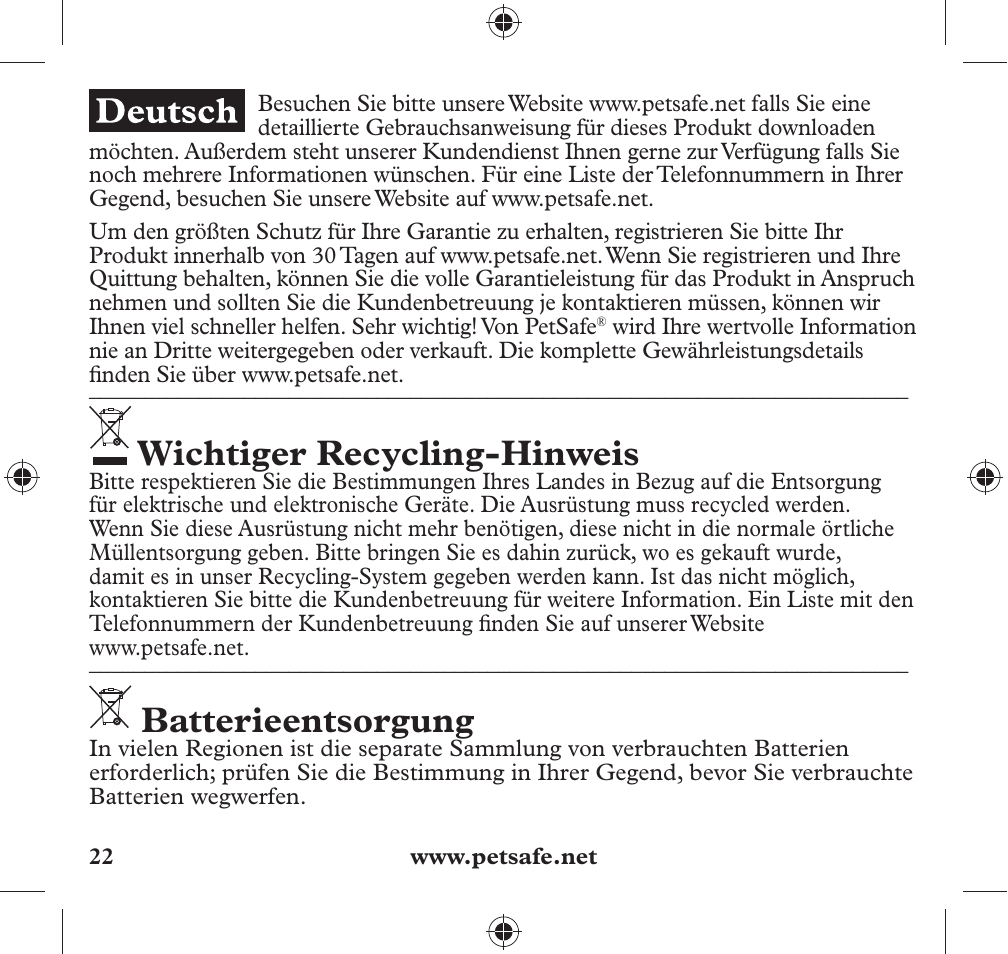 Wichtiger recycling-hinweis, Batterieentsorgung | Petsafe 350 m Add-A-Dog® Extra Receiver Collar User Manual | Page 22 / 32