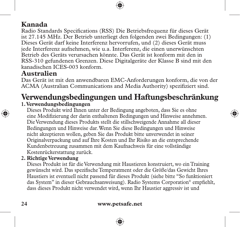 Verwendungsbedingungen und haftungsbeschränkung, Kanada, Australien | Petsafe 350 m Add-A-Dog® Extra Receiver Collar User Manual | Page 24 / 32