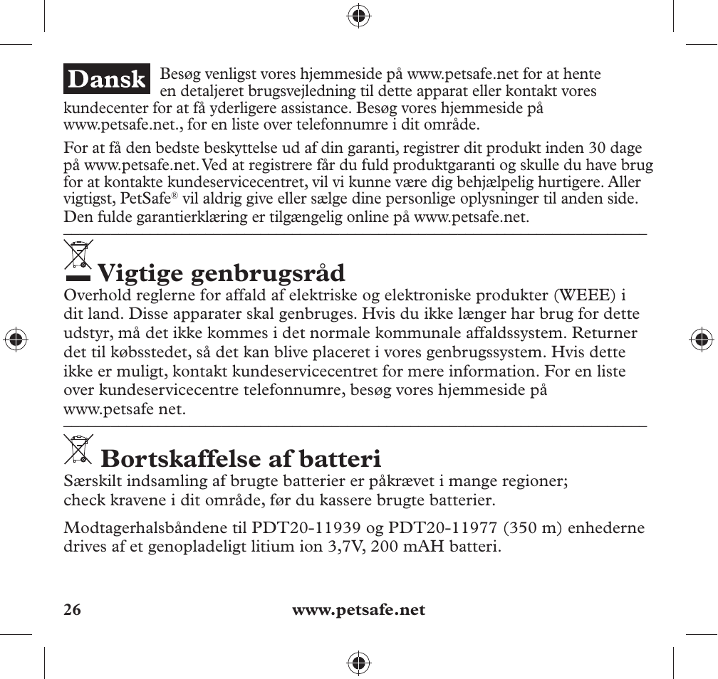 Vigtige genbrugsråd, Bortskaffelse af batteri | Petsafe 350 m Add-A-Dog® Extra Receiver Collar User Manual | Page 26 / 32