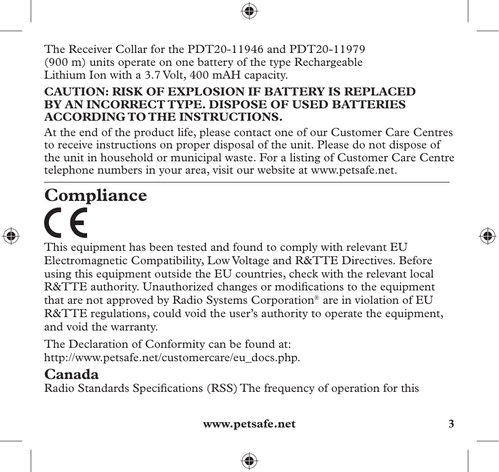 Compliance, Canada | Petsafe 350 m Add-A-Dog® Extra Receiver Collar User Manual | Page 3 / 32