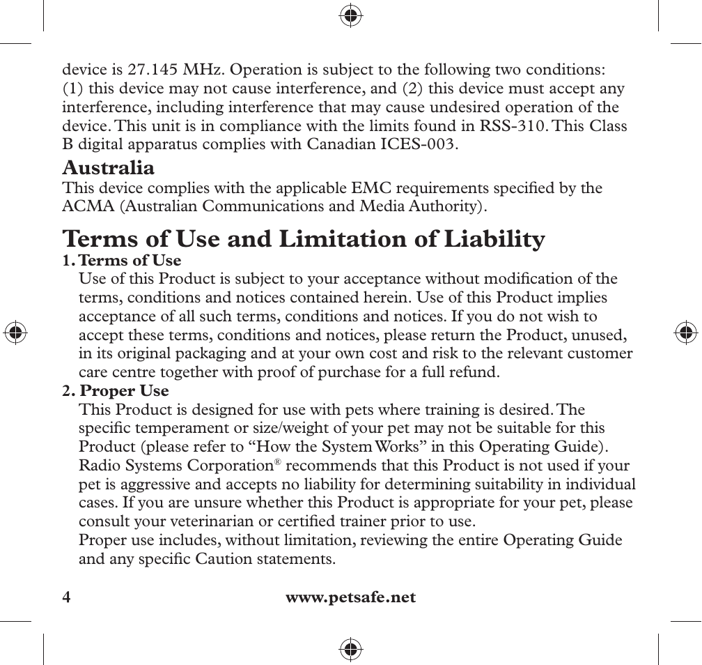 Terms of use and limitation of liability, Australia | Petsafe 350 m Add-A-Dog® Extra Receiver Collar User Manual | Page 4 / 32