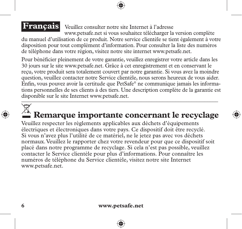 Remarque importante concernant le recyclage | Petsafe 350 m Add-A-Dog® Extra Receiver Collar User Manual | Page 6 / 32