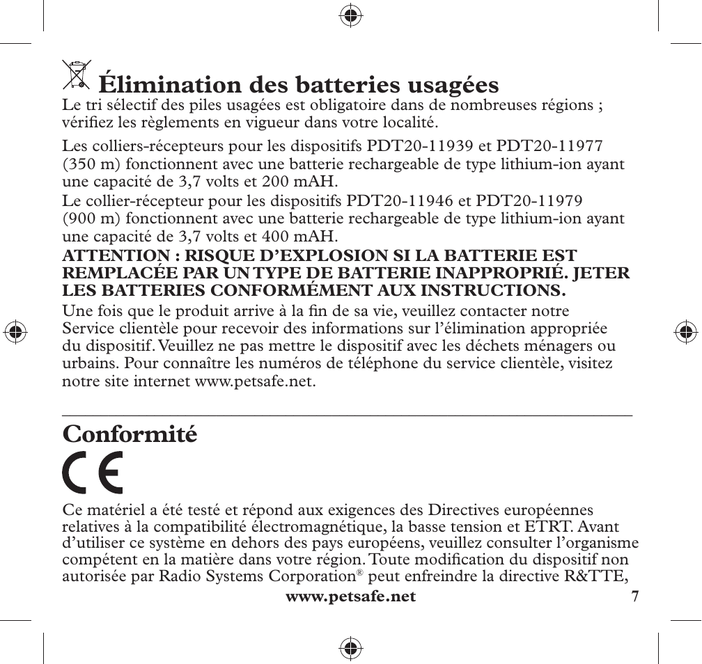 Élimination des batteries usagées, Conformité | Petsafe 350 m Add-A-Dog® Extra Receiver Collar User Manual | Page 7 / 32